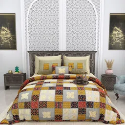 LIVING ROOTS Bagru Gold Yellow Printed Pure Cotton 300 TC King Bedsheet Set 2.6 m x 2.6 m-image-0