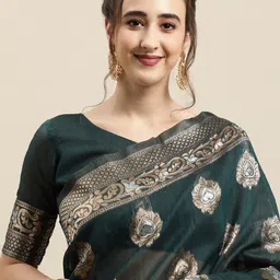 Saree mall Teal Gren & Gold-Toned Ethnic Motifs Silk Blend Banarasi Sarees image 4