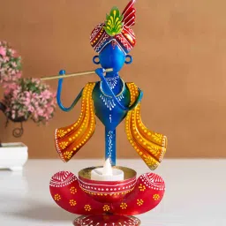 golden peacock Ganesha Red Metal Table Tea Light Holder image 1