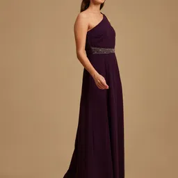 Kazo Women Purple One Shoulder Georgette A-Line Maxi Dress image 3