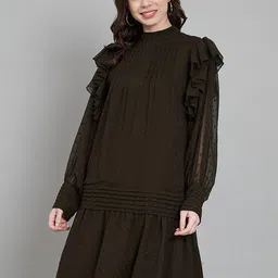Amagyaa Mock Neck Puff Sleeve Knee Length Drop-Waist Dress-picture-22