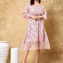 ANGITA Floral Print Fit and Flare Net Dress-image-0