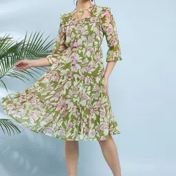 Antheaa Green Tie-Up Neck Floral Printed Chiffon A-Line Dress-image-31