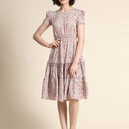 KERI PERRY Floral Printed Puff Sleeves Tiered Fit & Flare Dress-picture-38