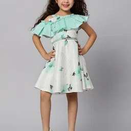 Macwin Girls Floral Printed One Shoulder Cold-Shoulder Sleeves Pleated Satin A-Line Dress-picture-10