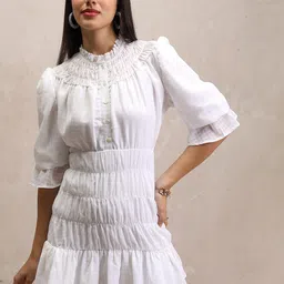 Tokyo Talkies White Mock Neck Bell Sleeve Gathered Layered A-Line Dress-picture-16