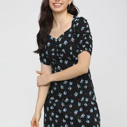 Tokyo Talkies Black Floral Crepe A-Line Dress-image-70