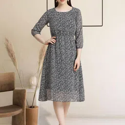 BAESD Floral Print Round Neck Puff Sleeves Fit & Flared Dress-picture-6