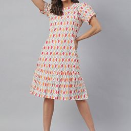 Janasya Women Off White Cotton Printed A-line Dress-picture-3
