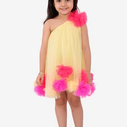 Fairies Forever Yellow & Red Embellished One Shoulder Net A-Line Dress with Pom Poms-picture-29