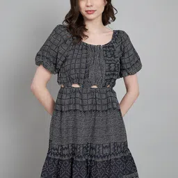 Amagyaa Abstract Print Round Neck Puff Sleeves Cotton A-Line Cut-Outs Dress-picture-12