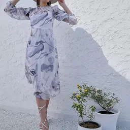 Athena White Abstract Print Puff Sleeve Ruffled Chiffon A-Line Midi Dress-picture-42