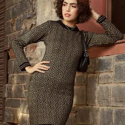 SASSAFRAS Beige Geometric Printed Round Neck Jumper Dress-picture-27