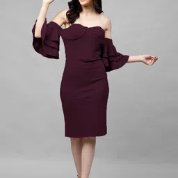 Athena Burgundy Off-Shoulder Bell Sleeves Sheath Dress-picture-56