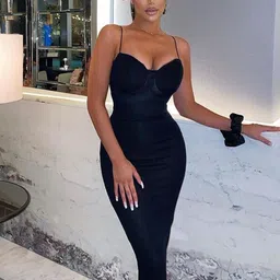 StyleCast Women Self Design Shoulder Straps Bodycon Midi Dress image 1