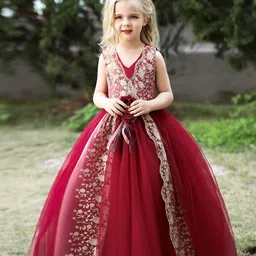 StyleCast Girls Maroon Floral Embroidered Layered Maxi Gown Dress-picture-33