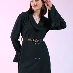 Freehand by The Indian Garage Co Green Shawl Collar Bell Sleeves Belted A-Line Mini Dress-picture-11