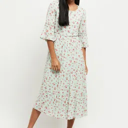 max Women's Green & Red Floral Keyhole Neck Midi Dress-picture-11