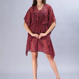 Aditi Wasan Abstract Print V-Neck Kimono Sleeve Chiffon Semi Sheer Kaftan Midi Dress-image-82