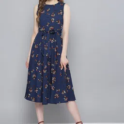 Tokyo Talkies Women Navy Blue Printed Fit and Flare Dress-picture-26