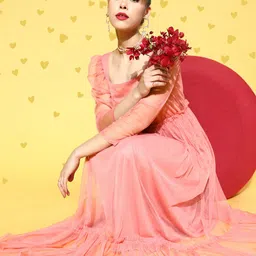 U&F Women Peach-Coloured Solid Tulle Maxi Dress image 1