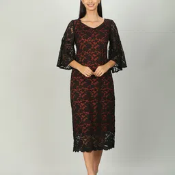 Mustard Black Lace Sheath Midi Dress-picture-43