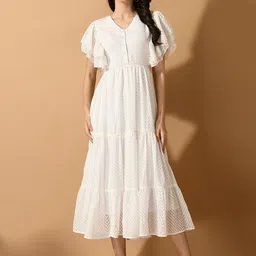 Sangria White Self Design Flutter Sleeve Tiered A-Line Midi Dress-image-43