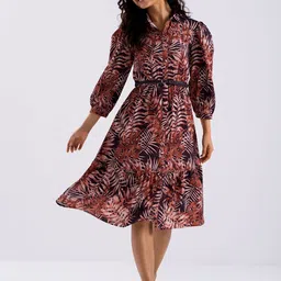 AASK Tropical Printed Cuffed Sleeves Crepe Tiered Fit & Flare Dress With Belt-picture-14