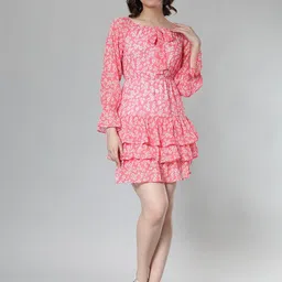 NUEVOSDAMAS Floral Printed Off-Shoulder Bell Sleeve Georgette Fit & Flare Dress-picture-28