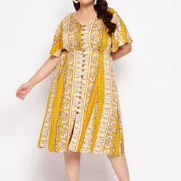 wild U Women Mustard Yellow & Beige Ethnic Motifs Midi Dress-image-29
