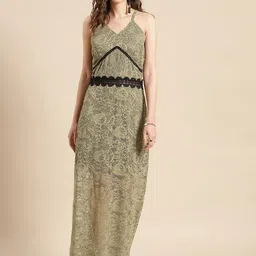 WoowZerz Olive Green Floral Net A-Line Maxi Dress-picture-35