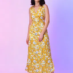 Globus Yellow Floral Printed Cut-Outs Satin Wrap Maxi Dress-picture-36
