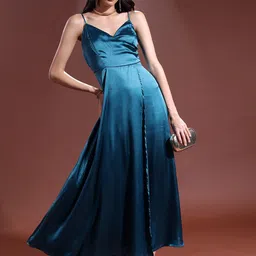 Tokyo Talkies Teal Blue Shoulder Straps Satin Fit and Flare Dress-image-24