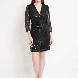 WESTCLO Women V-neck Embellished Wrap Mini Dress-image-21