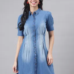 Latin Quarters Puff Sleeves Pleated Denim Shirt Dress image 1