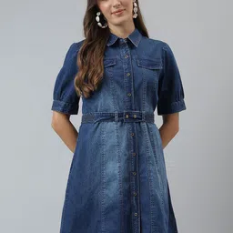 Latin Quarters Puff Sleeve Denim Shirt Dress image 1