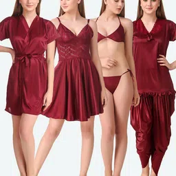 Romaisa Women Maroon Solid Lace Detail 6 Piece Satin Maxi Wrap Nightdress-image-3