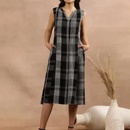 W Checked Mandarin Collar A-Line Midi Dress image 1