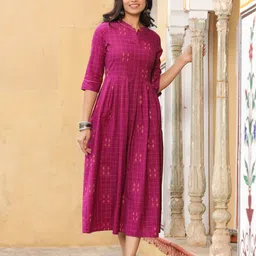 Jaipur Kurti Purple Checked A-Line Midi Dress-image-27