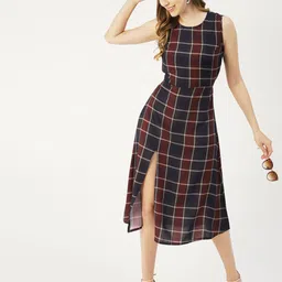 Moomaya Red Checked A-Line Midi Dress-image-8
