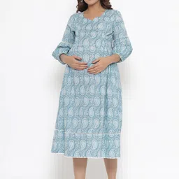 Ikk Kudi by Seerat Blue Floral Maternity & Nursing Cotton Midi Dress-picture-19