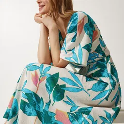 Happiness istanbul Blue Floral Printed  A-Line Midi Dress-picture-10