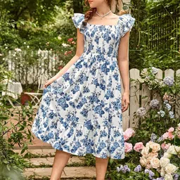 BAESD Women Floral Printed Square Neck Flutter Sleeve Fit and Flared Midi Dress image 1