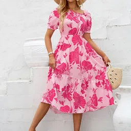 StyleCast x Revolte Floral Printed Asymmetric Neck Puff Sleeves Fit & Flare Midi Dress image 1