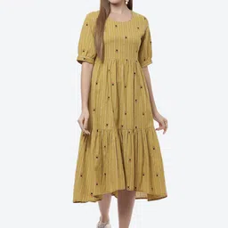Rangriti Women Mustard Yellow Floral Ethnic A-Line Midi Dress-picture-21
