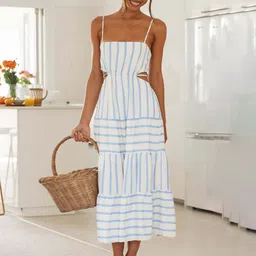 StyleCast White Striped Cut-Out A-Line Midi Dress-image-42