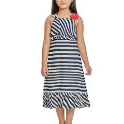 Peppermint Navy Blue & White Striped A-Line Midi Cotton Dress-picture-23