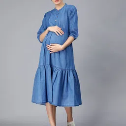 NIGHTSPREE Cotton Denim Maternity A-Line Midi Dress image 1