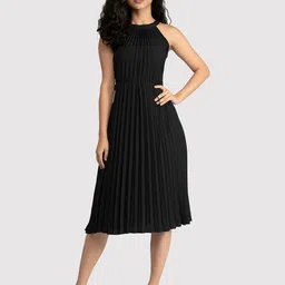 AASK Black Halter Neck Crepe A-Line Midi Dress image 1