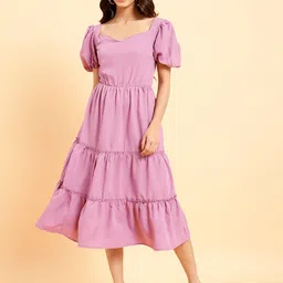 MINT STREET Puff Sleeve Crepe A-Line Midi Dress image 1